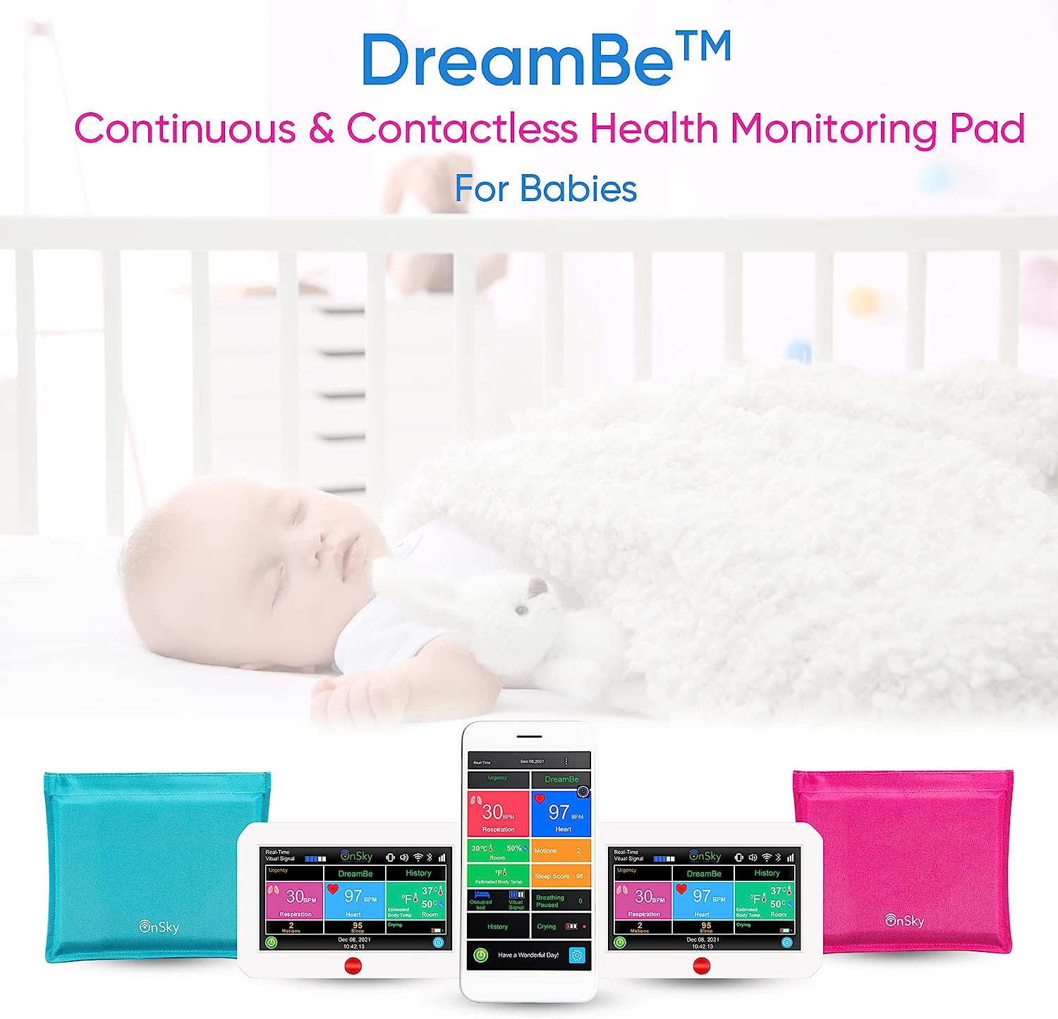 DreamBe-1 Pink by OnSky Contactless Smart Baby Breathing Monitor, Realtime Heart Rate and Sleep Tracker–Monitor Baby Anywhere, Anytime –WiFi, Motion and Crying Notifications, Room Temp -Urgency Alert - Image 6